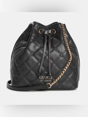 GUESS Black Quilted Drawstring Crossbody with Gold Chain